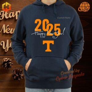 Tennessee Volunteers Happy New Year 2025 hoodie in vibrant orange with the iconic white 'Power T' logo and festive New Year graphics.