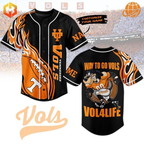 Front and back view of the Isiah Tennessee Volunteers Vol4life Baseball Jersey with customization option.