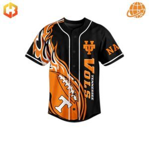 Front view of the Isiah Tennessee Volunteers Vol4life Baseball Jersey with flaming football graphic.