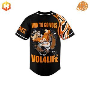 Back view of the Isiah Tennessee Volunteers Vol4life Baseball Jersey with animated mascot and 