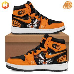 Custom Tennessee Volunteers Football-themed Air Jordan 1 sneakers in orange and black with Dark Mode graphics.