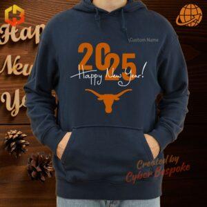 Close-up of the Texas Longhorns Happy New Year 2025 hoodie design featuring the iconic Longhorn logo and celebratory text.