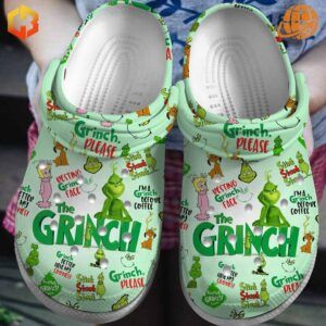 The Grinch Please Crocs Shoes in mint green with Grinch-themed illustrations and quotes.