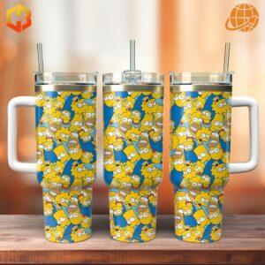 Three Simpsons-themed Stanley Tumblers with character collage design