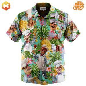 The Swedish Chef Hawaiian Shirt with a vibrant tropical design featuring colorful flowers and kitchen-themed patterns