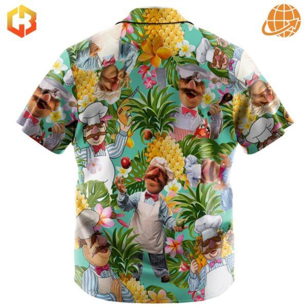 Men’s Hawaiian shirt featuring The Swedish Chef from The Muppets surrounded by tropical elements and playful motifs