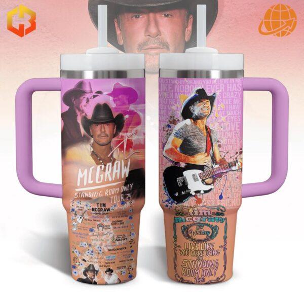 Tim McGraw Standing Room Only Stanley Tumblers with purple handles and tour artwork