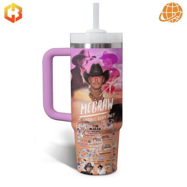 Close-up of Tim McGraw Standing Room Only Stanley Tumbler featuring tour details and illustrations