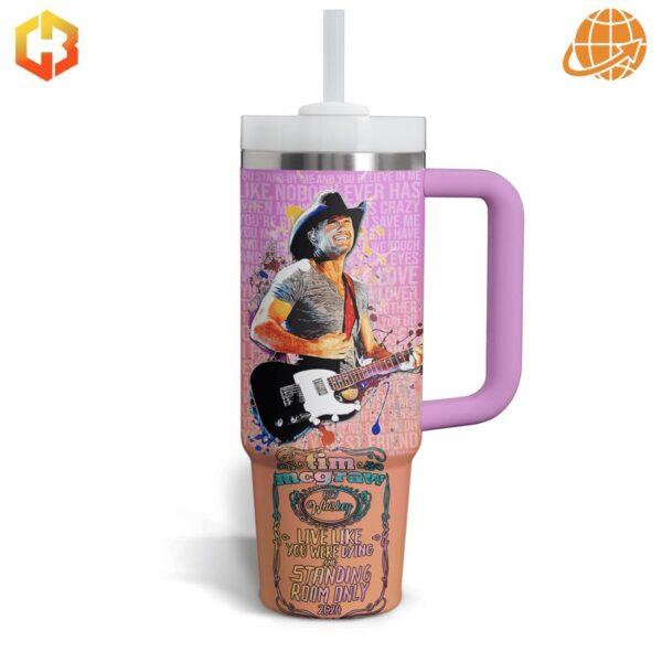 Tim McGraw Standing Room Only Stanley Tumbler showing artist portrait and song lyrics