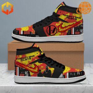 Twenty One Pilots Air Jordan 1 sneakers with flame design on display box