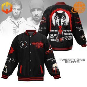 Front view of Twenty One Pilots Baseball Jacket with band logo and sleeve graphics.