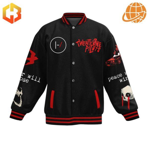 Close-up of Twenty One Pilots Baseball Jacket front design.