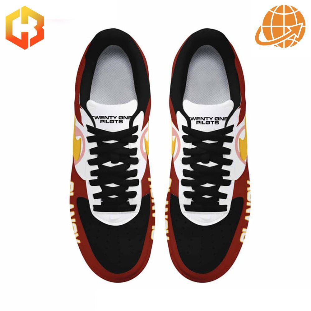 Top view of Twenty One Pilots Clancy Nike Air Force Shoes showing detailed design and branding.