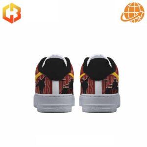 Rear view of Twenty One Pilots Clancy Nike Air Force Shoes with band imagery and symbols.