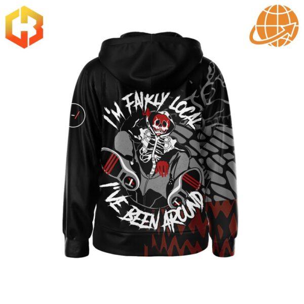 Back view of the Twenty One Pilots Fairly Local Hoodie with skeleton graphic and lyrics.