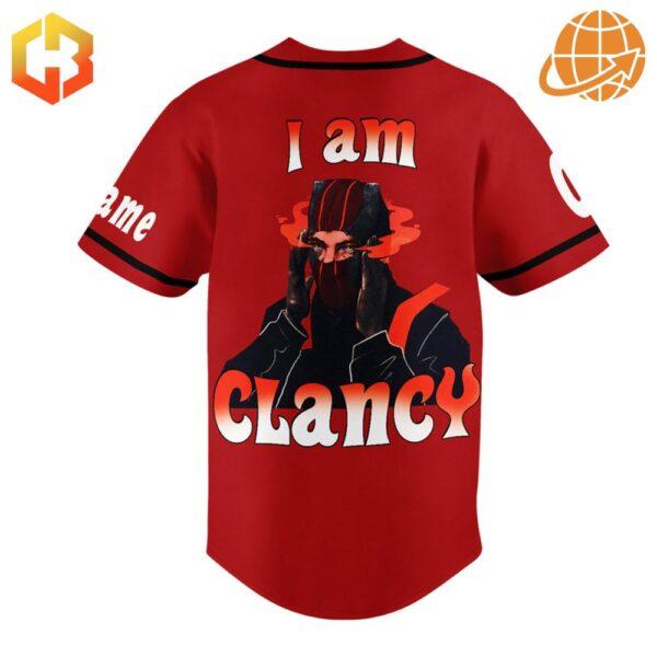 Back view of Twenty One Pilots I Am Clancy Baseball Jersey showing "I am Clancy" text.