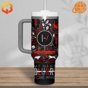 Close-up of the front design of the Twenty One Pilots My Name's Blurryface Stanley Tumbler highlighting the band's iconic symbols.