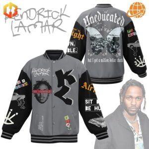 Front and back views of Kendrick Lamar inspired baseball jacket with graphic designs and text.