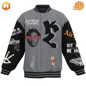 Front view of Kendrick Lamar baseball jacket with graffiti-style text, portrait, and various graphic elements.