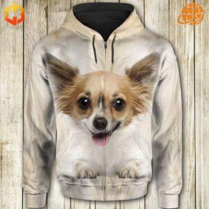 Unisex Chihuahua Cute Face 3D Hoodie with detailed design and a zipper, perfect for dog lovers.