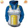 Vegeta Costume Dragon Ball Hoodie with Saiyan armor design featuring white chest plating, golden accents, and blue undersuit.