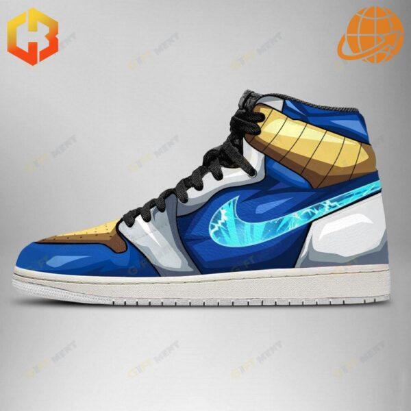 Vegeta Dragon Ball Air Jordan Shoe side view, blue and gold with glowing cyan Nike swoosh.