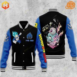 Vegeta Dragon Ball Baseball Jacket featuring Vegeta in Super Saiyan Blue form on the front, with black and blue design and snap-button closure.