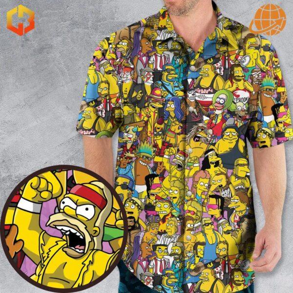 WWF Simpsons Hawaiian Shirt with colorful all-over print of Simpsons characters on a yellow background.