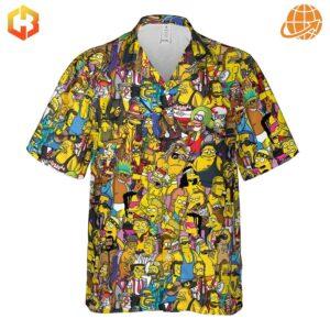 Full front view of the WWF Simpsons Hawaiian Shirt showing detailed character print and shirt structure.