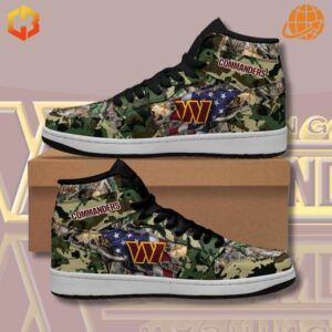 Washington Commanders Air Jordan 1 shoes with Realtree camo print, blending sports and outdoor style