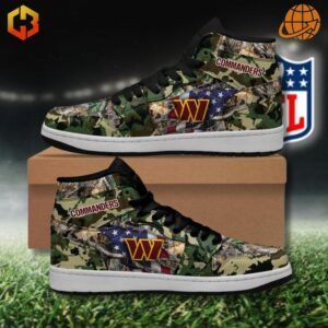 Camo-inspired Washington Commanders Air Jordan 1 sneakers featuring Realtree hunting patterns