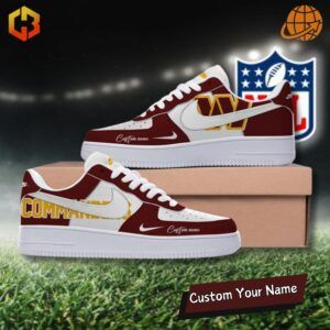 Stylish Washington Commanders-themed Nike Air Force 1 sneakers featuring team colors and branding.