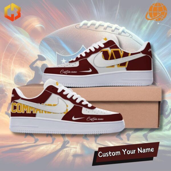 Side view of Washington Commanders Nike Air Force 1 sneakers showcasing the team's iconic burgundy and gold design