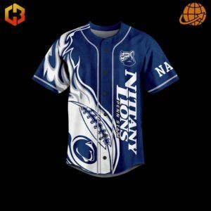 Front view of We Are Penn State Nittany Lions Baseball Jersey showing detailed flame graphics, Nittany Lions logo, and vertical team name.