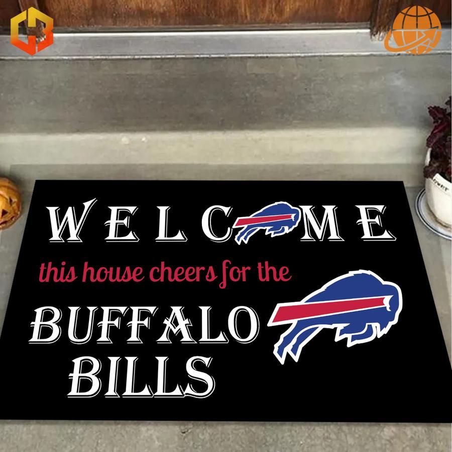 Welcome This House Cheers for the Buffalo Bills Doormat at outdoor doorstep.