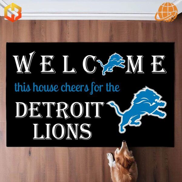 Detroit Lions welcome doormat with dog peeking at bottom