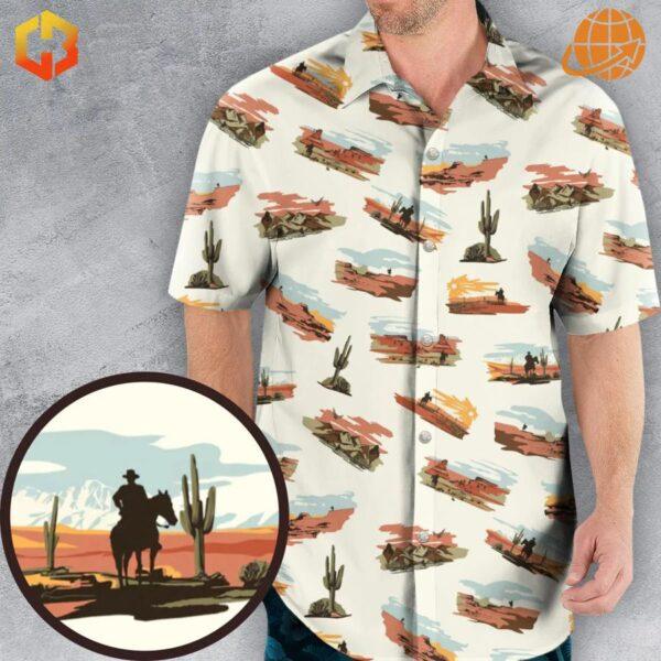 Front view of the Wild West John Wayne Hawaiian Shirt with vibrant Western-themed graphics.