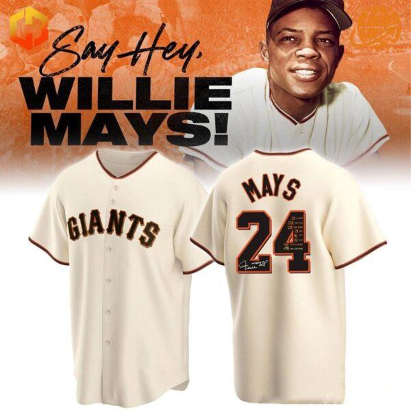 Willie Mays San Francisco Giants Baseball Jersey with iconic design and career stats.