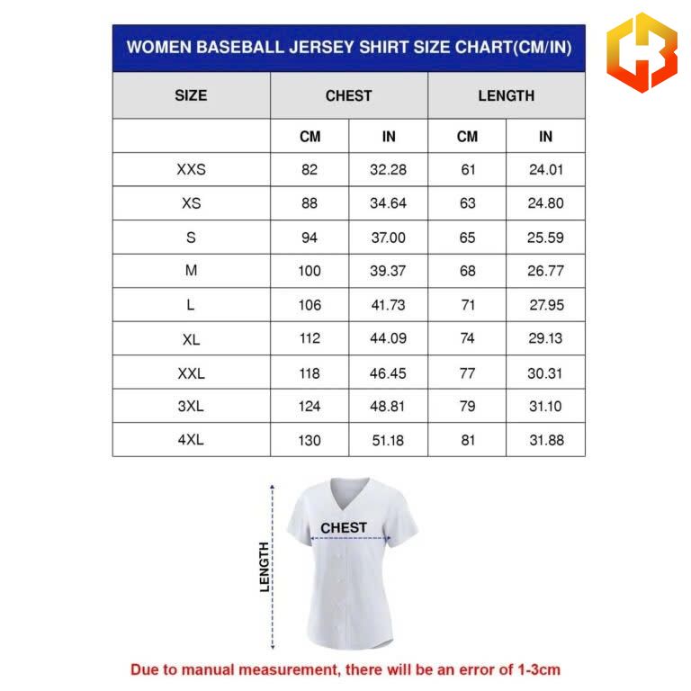 Women AOP Baseball Jersey Size Chart Logo