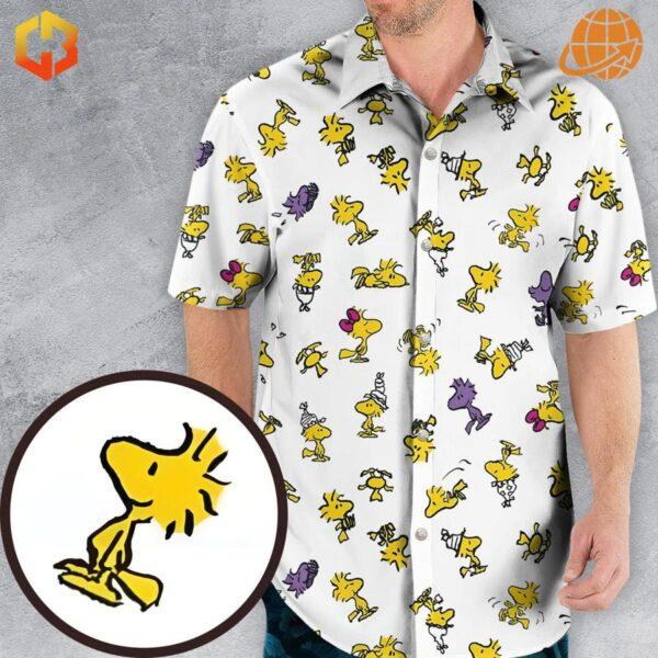 Close-up view of Woodstock Pattern Hawaiian Shirt with yellow cartoon birds on white fabric.