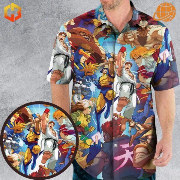 X-Men vs Street Fighter Hawaiian Shirt with colorful character print worn by model