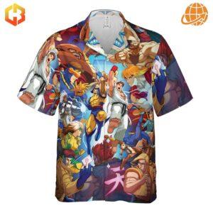 X-Men vs Street Fighter Hawaiian Shirt full front view showing entire character print