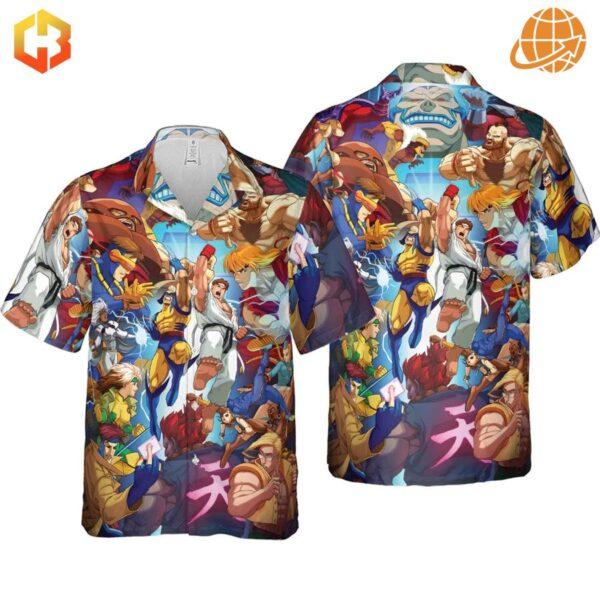 X-Men vs Street Fighter Hawaiian Shirt shown in two different lighting conditions