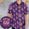 Yu-Gi-Oh Characters Hawaiian Shirt front view with purple background and colorful anime character pattern.