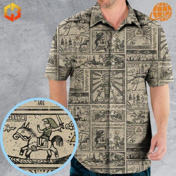 Close-up of Zelda Story Of The Hero Time Legend Hawaiian Shirt with detailed illustrations of Link and iconic scenes.