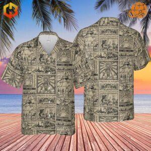 Front and back view of Zelda Story Of The Hero Time Legend Hawaiian Shirt against a beach backdrop.