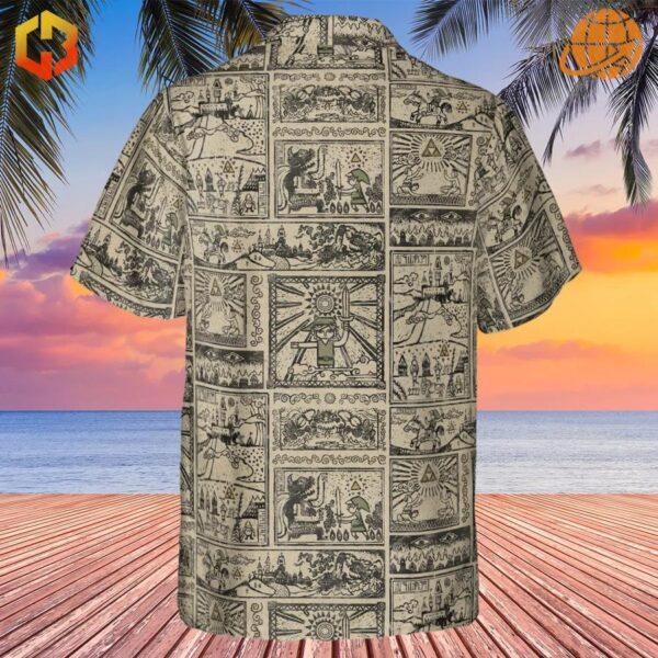 Back view of Zelda Story Of The Hero Time Legend Hawaiian Shirt with detailed tapestry-like illustrations.