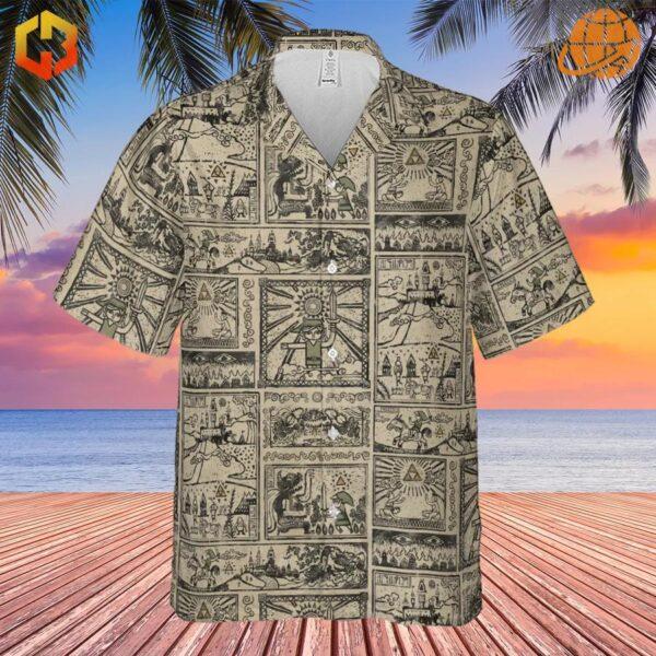 Front view of Zelda Story Of The Hero Time Legend Hawaiian Shirt against a sunset beach backdrop.