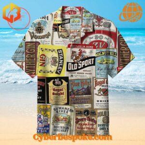 Vintage-inspired Hawaiian shirt featuring a 1940s old wine label design with classic typography and colors.