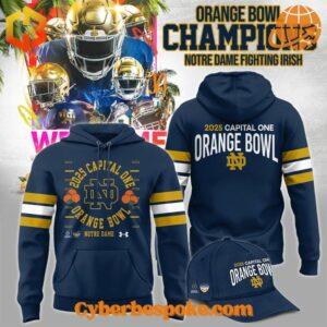 Close-up of the 2025 Notre Dame Fighting Irish hoodie celebrating the Orange Bowl victory